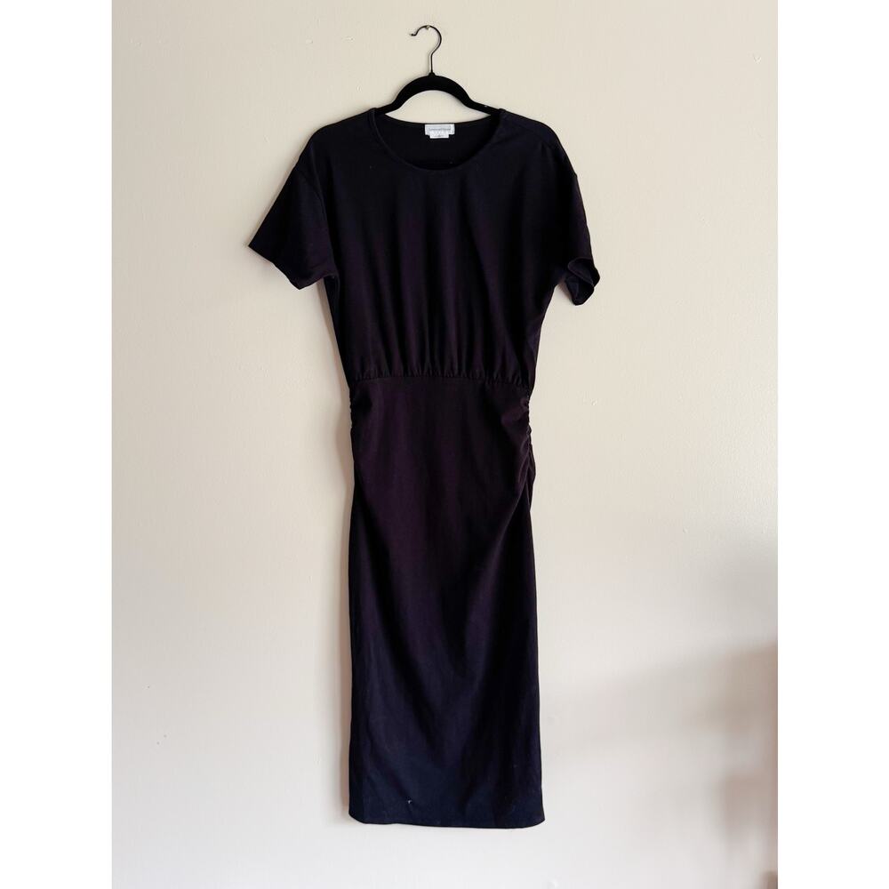 Lovers + Friends Black Short Sleeve Side Gathering Midi Dress Medium Made in USA